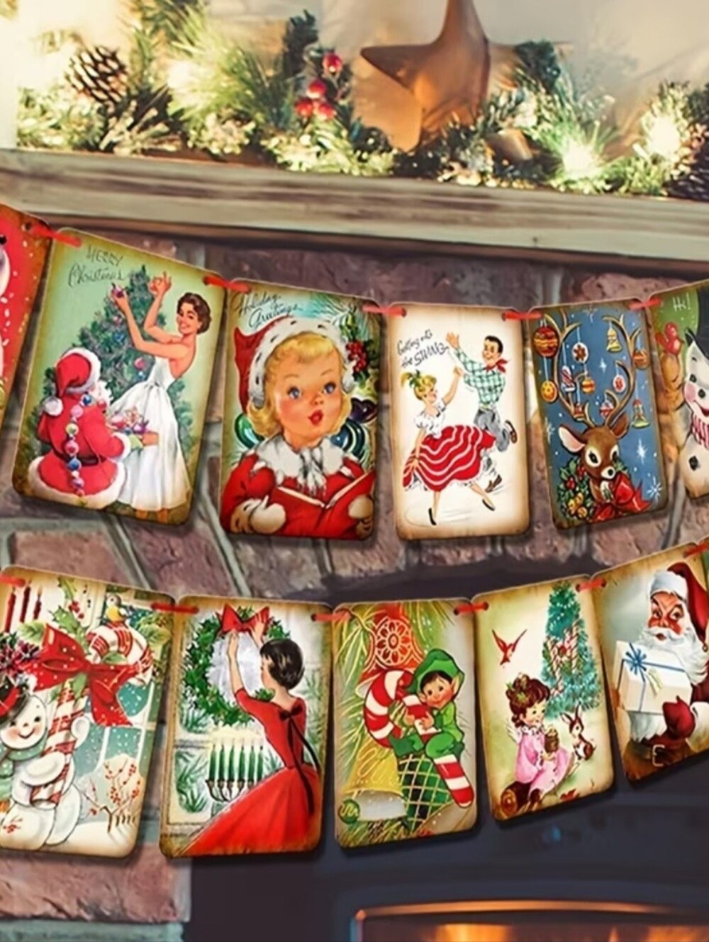 New Retro Christmas Garland Banner  Santa Snowman Rudolph home decor decoration